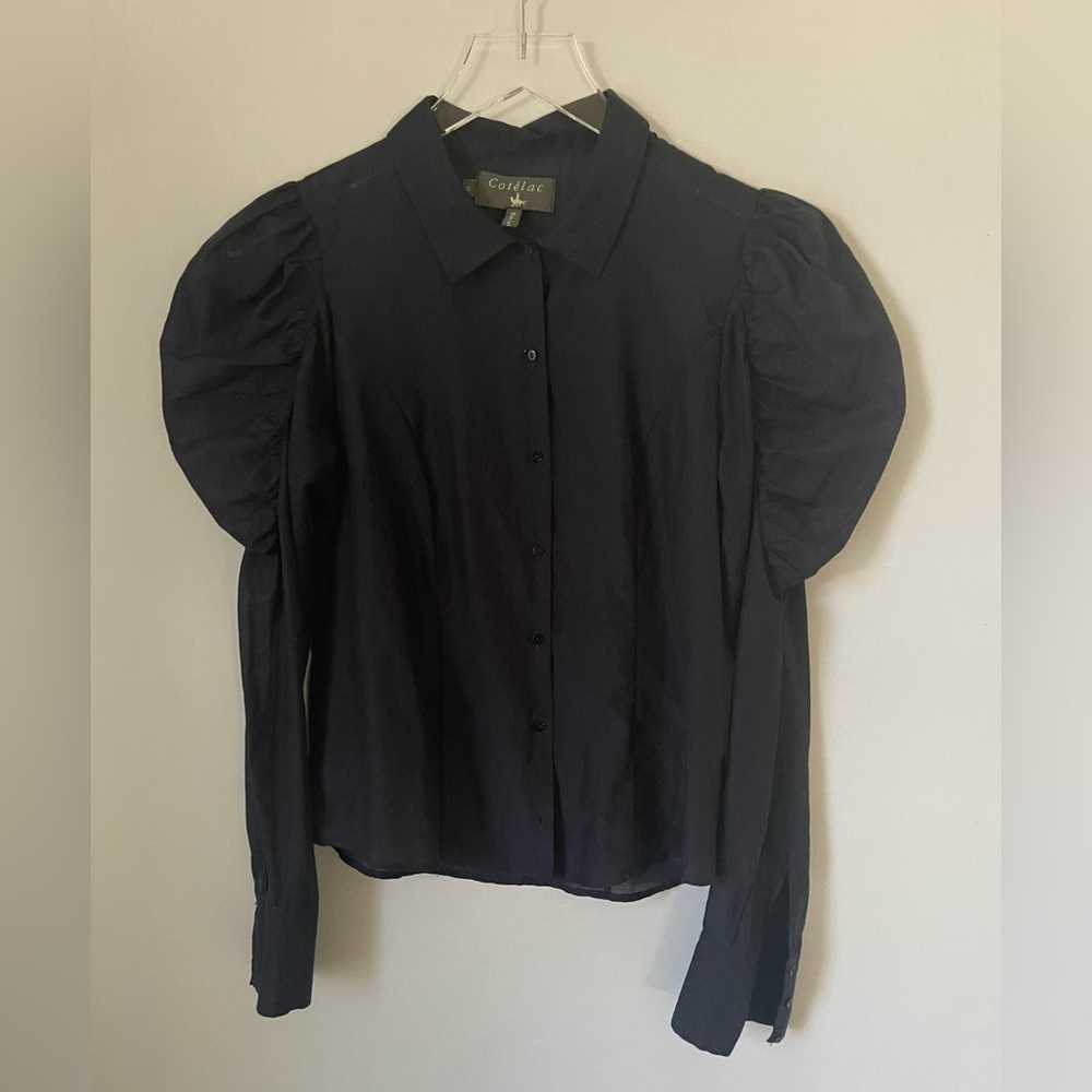 Edwardian Puff Mutton Sleeve Navy Cotton Blouse‎ Cotelac